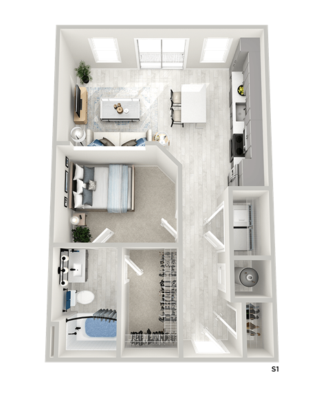 Floor plan for studio, 1 bath, 676 sqft